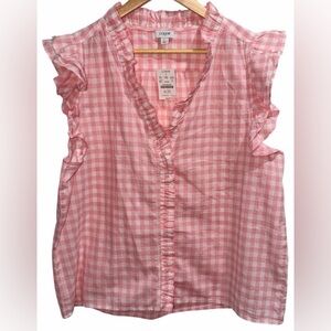 J. Crew Pink Gingham Ruffle Sleeve V-Neck Blouse worn 2x